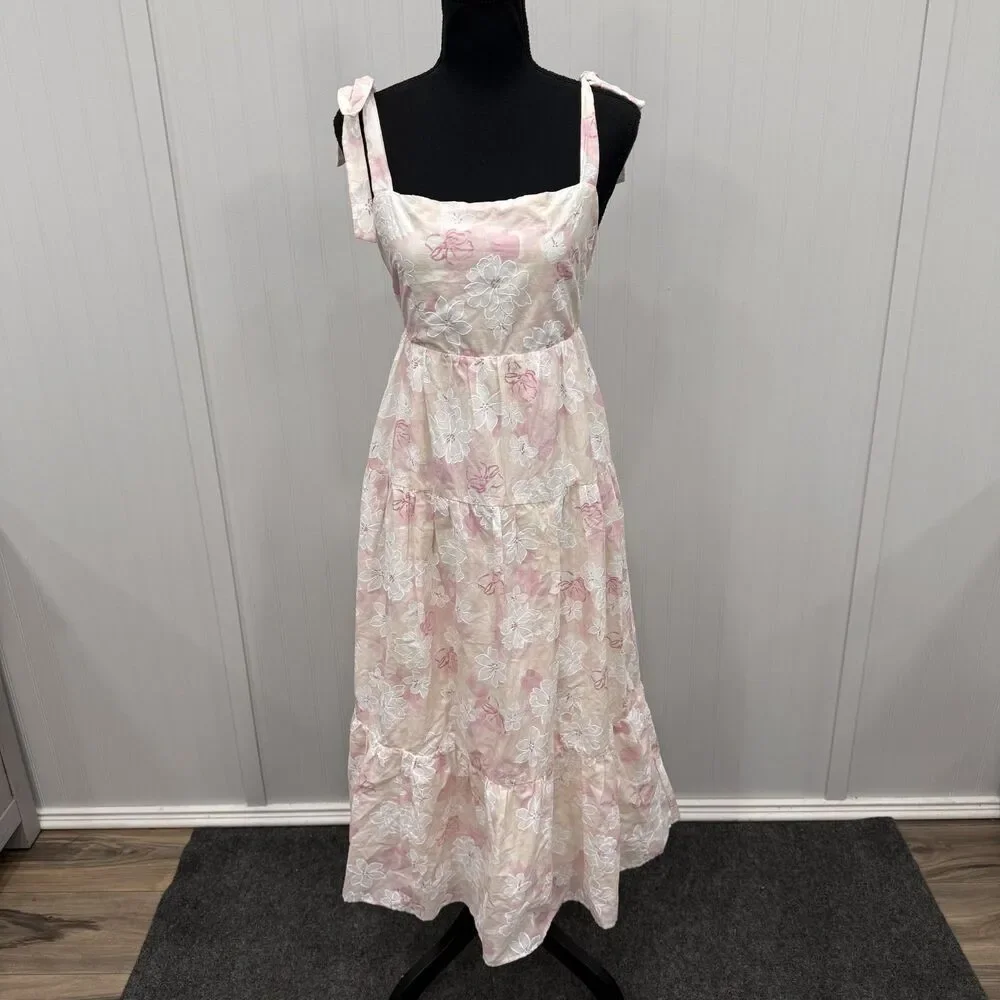 Storia Women's Large Pink Floral Tie Sleeve Maxi Dress Romantic Feminine